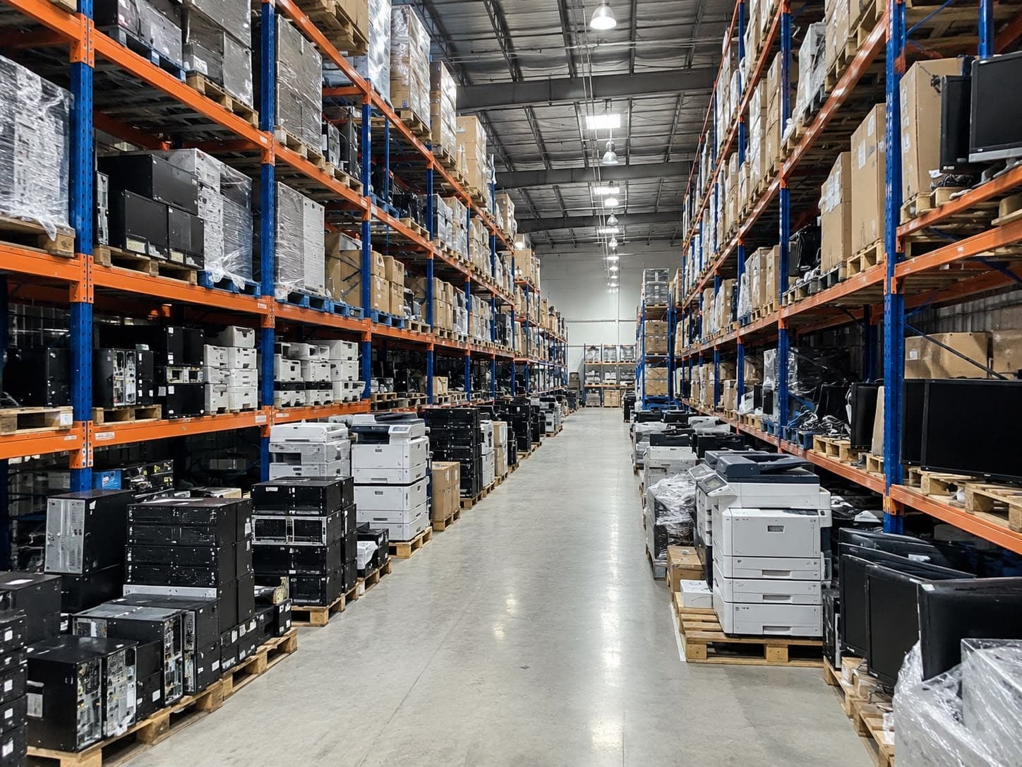 Tall racking in the MGE warehouse, stacked with pallets of desktops, servers, monitors and printers